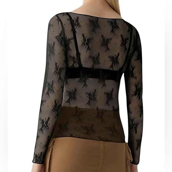 Lace Women’s Sheer Floral Lace Boat Neck Casual Elegant Black Top Size Large - Picture 2 of 6